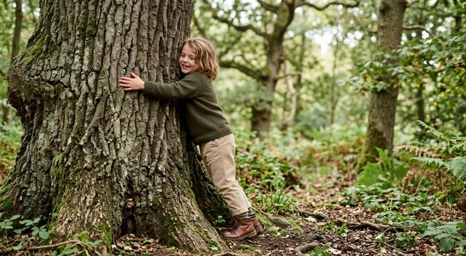 Young child hugging a large old oak tree trunk in the forest. Connecting with nature and environmental conservation concept