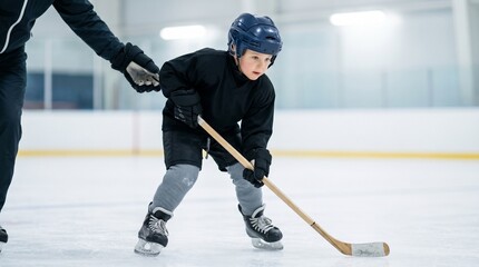 Fototapeta premium Young boy learning to ice skate while holding a hockey stick 