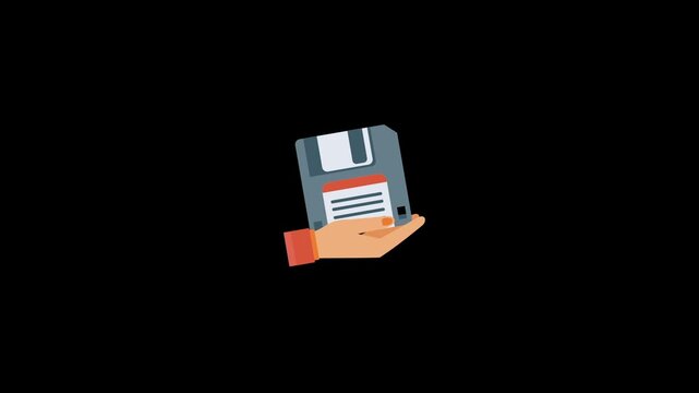 Old floppy disk icon with hand animation isolated on an alpha channel background 