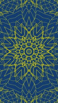 Vertical Suitable for textile design, stationary, web backgrounds. Yellow mandala design with symmetrical patterns on blue background. Geometric, intricate linear artwork.