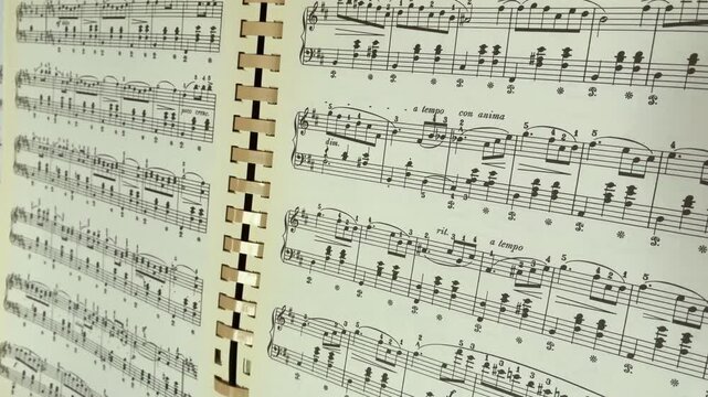 Close up of classical musical score sheet with handwritten arrangements for practice, musician and composer's book