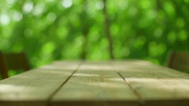 Empty Wooden Table Outdoors with Blurred Green Forest Background for Product Display