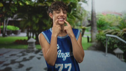 Fototapeta premium Teenage boy in blue los angeles basketball jersey shows tongue and points to cheeks in park; playful carefree.