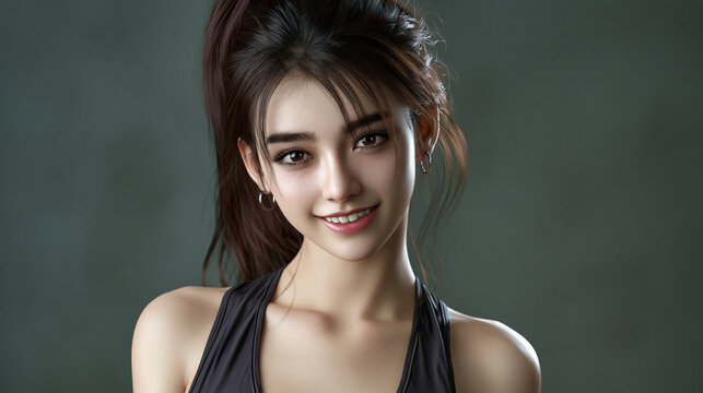 21 year old chinese sweet girl with bright almond eyes and cheerful smile, youthful chinese woman with chestnut ponytail and fair skin portrait, happy petite asian woman smiling at camera with natural