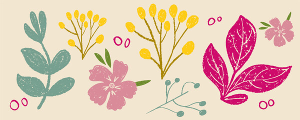 Colorful botanical doodle vector set hand drawn crayon chalk texture elements with summer flower leaf floral branch plant poppy spring background pack © Ink Magic