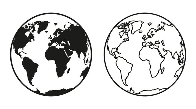 Earth globe depictions black and white vector illustrations on white background