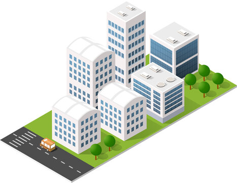 Modern urban city with skyscrapers, office buildings, green park area, and a red car driving on the street, isolated on white