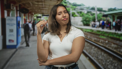 Fototapeta premium Woman young hispanic holding raised hand with pinched fingers and bare forearm on street railway platform beside train tracks and commuters; impatience.