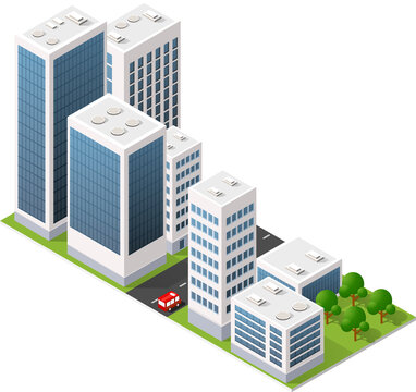 Modern urban city with skyscrapers, office buildings, green park area, and a red car driving on the street, isolated on white