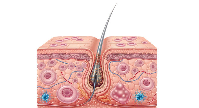 3d render of human skin with injection needle, detailed dermis and epidermis layers, medical illustration