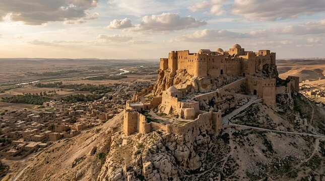 Ancient desert fortress citadel on rocky hill overlooking arid landscape at sunset
