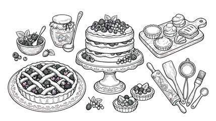Hand drawn bakery collection with berry cake and fruit pie, vintage pastry line art set, rustic dessert illustrations and baking tools © Dream Time Studio