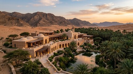 Obraz premium Desert Oasis Resort with Arabic Architecture at Sunset