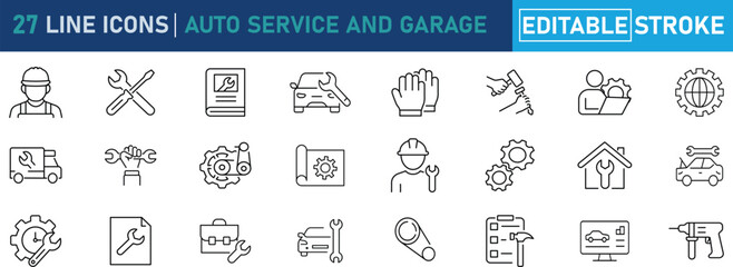 Auto Service and Garage Line Icon Set. Contain icons related to car repair, vehicle maintenance, mechanic tools, garage service,repair equipment, and more. Editable stroke. Vector illustration. © PixiLine