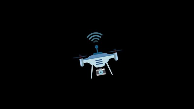 Drone with wifi connectivity icon animation taking photo with camera isolated on black background