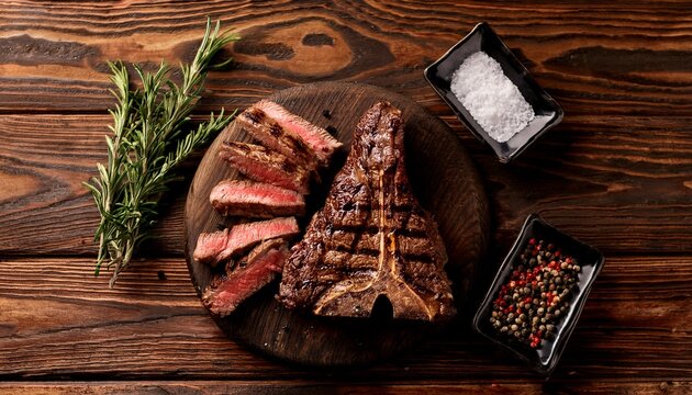 close up image of flavorful sliced t bone steak laid over rustic wooden table