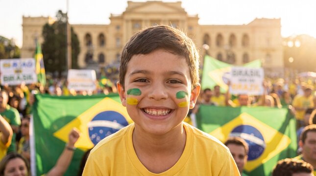 Boy holding Brazilian flag in crowd during 7 September Independence Day parade at Parque da Independ&ecirc;ncia, S&atilde;o Paulo, Brazil
