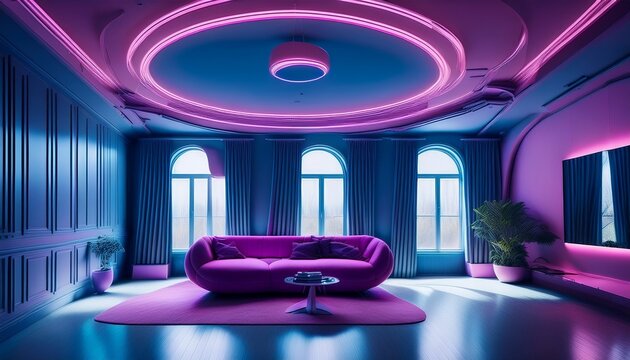 electric blue lit ceiling over violet living room with magenta couch and round window design