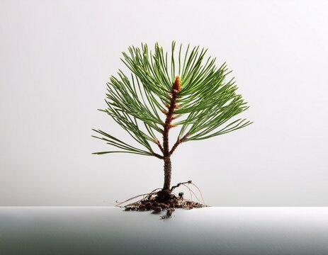 macro image of a pine seedling rooted on a white minimalist backdrop with copy space