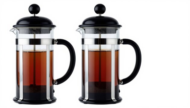 Stylish french press coffee makers showcasing freshly brewed dark coffee against a clean white backdrop