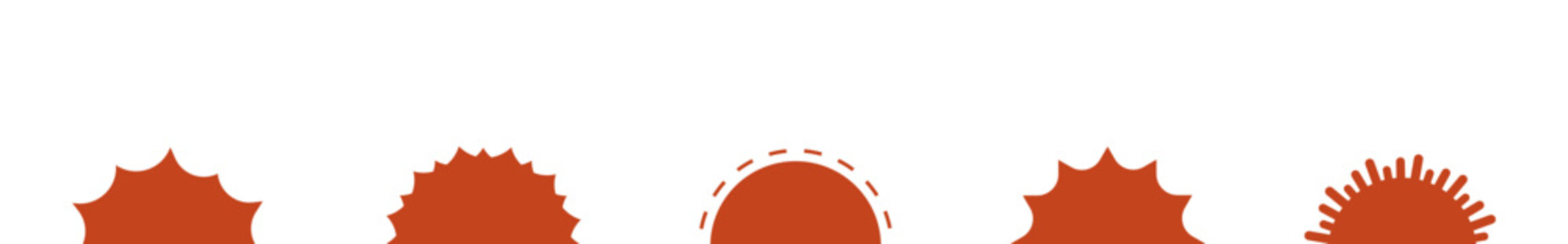 Set of flat sun cartoon icon. Simple solar elements for logo. Sunrise, sunset elements. Glyph symbols of different shapes, half sun with rays