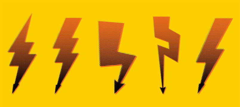 Halftone lightning bolt set. Orange grunge thunderbolt icons. Dotted flash symbols