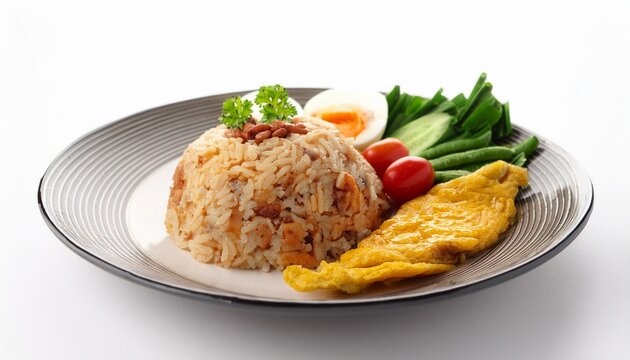 rice mixed with shrimp paste thai style served with fried omelette and vegetables on bright white backdrop