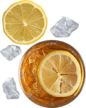 Glass of iced tea with lemon slices and ice on isolated on transparent background