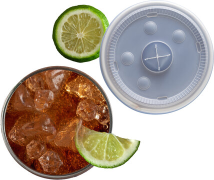 Cola drink with lime and plastic lid top view isolated on transparent background