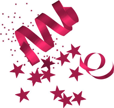 Party set with Pink curled ribbons and star confetti top view isolated on transparent background
