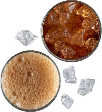 Two glasses of cola with ice and foam top view isolated on transparent background