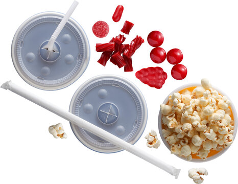 Movie theater snacks top view composition isolated on transparent background