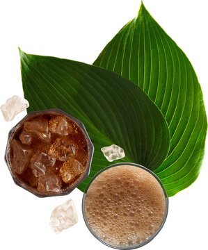 Two soda glasses with ice and leaves isolated on transparent background