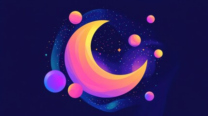 Fototapeta premium Colorful crescent moon with planets and stars illustration