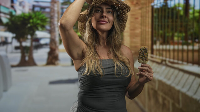 Woman holding a popsicle in her hand on a street near a brick wall and gate, smiling in a straw sunhat and strapless dress; happiness leisure.