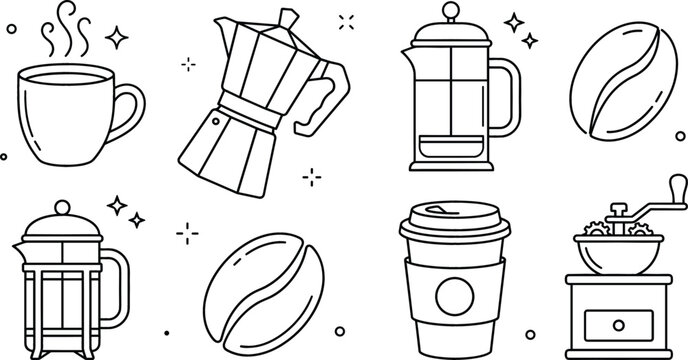Coffee brewing and cafe outline icon set featuring moka pot french press grinder bean mug disposable cup vector