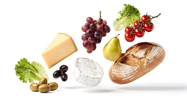 Assortment of Fresh Organic Groceries Featuring Crusty Bread Cheese Fruit and Vegetables Floating in Mid-Air against White Background