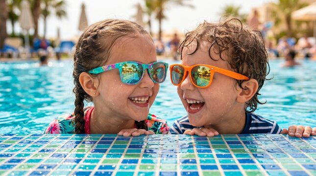 Commercial mid-shot lifestyle photography of four cheerful children wearing colorful sunglasses lined up at the edge of a crystal-clear blue swimming pool &ndash; premium summer vacation branding, family re