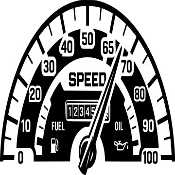 Speedometer Gauge: A close-up illustration of a vintage car speedometer with needle pointing towards 70, indicating speed, fuel, and oil levels.