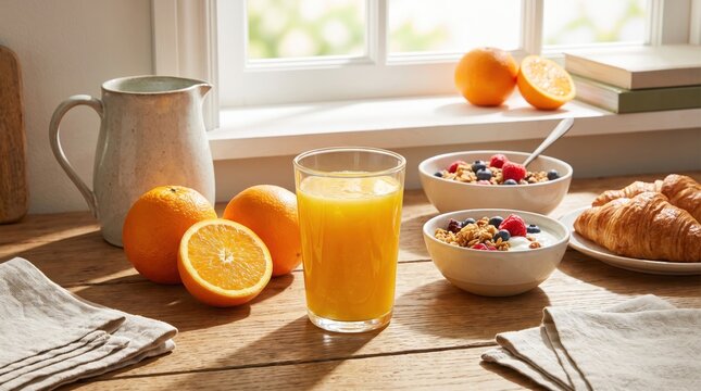 Freshly squeezed orange juice served in a clear glass with whole oranges and breakfast setting in bright natural light