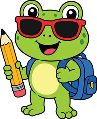 Obraz premium Cute cartoon frog student with a backpack and a pencil