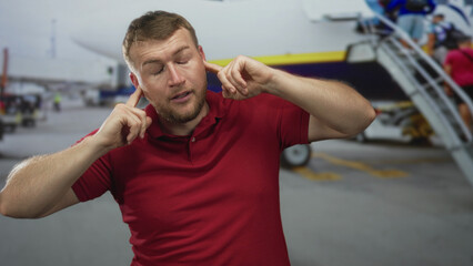 Fototapeta premium Man plugging ears with index fingers while standing on airport tarmac near a passenger airplane and boarding stairs; annoyance.