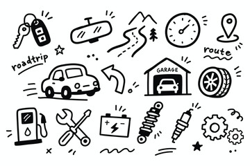 Car Driving and Auto Service Doodle Icon Set Hand Drawn Vector Illustration with Vehicle, Road Trip, Garage, Fuel Pump, Battery, Tire, Spark Plug, Tools, Route Map and Navigation Symbols © Daishin
