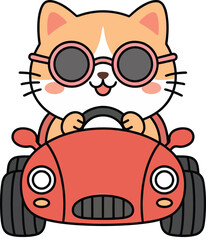 Naklejka premium Cute cartoon cat driving a red car, vector illustration