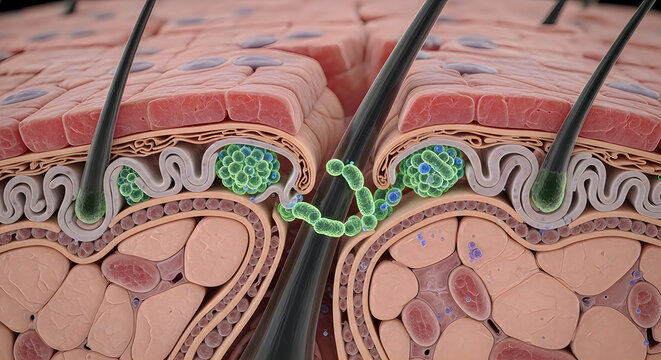 Microbiology illustration of two intestinal villi with green bacteria in between, vector art, medical science