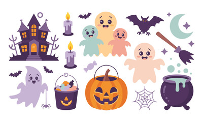 Halloween sticker set with a haunted house, candles, ghosts, bats, candy, pumpkin bucket, broomstick, cauldron, spider web, and crescent moon, all illustrated in a cute style on a © Digital Art