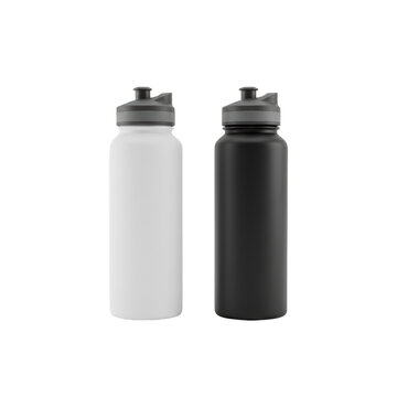 Two identical blank matte white and black sports water bottles with charcoal lids and push-pull spouts, isolated on a transparent infinity background with copy space, concept for branding mockups