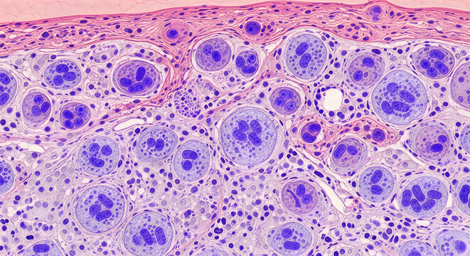 Microscopic image of healthy human skin cells under a microscope, close-up view of epidermis tissue, scientific medical illustration