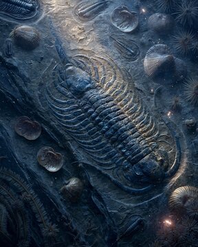 A dramatic paleontology scene of a giant eurypterid fossil embedded in shale, with detailed exoskeleton impressions, trilobites, brachiopods, and crinoids in an ancient seafloor setting. Cinematic