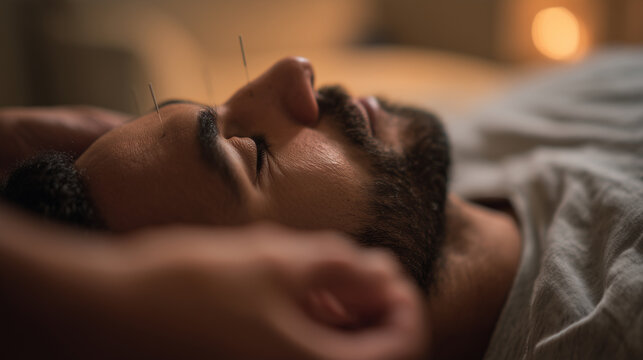 Hispanic man receiving acupuncture therapy in peaceful holistic health clinic. Latin male relaxed in clinic environment.